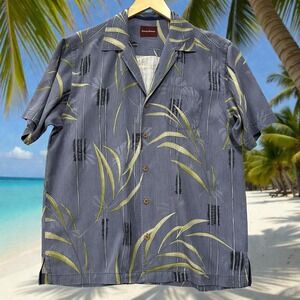Tommy Bahama Hawaiian Aloha Shirt Mens M 100% Silk Blue-Gray Green Leaves Camp